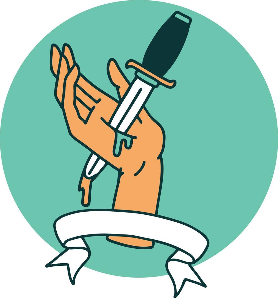 tattoo style icon with banner of a dagger in the hand vector