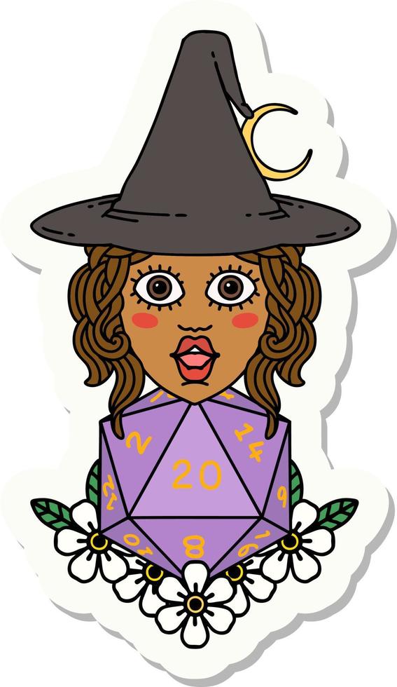sticker of a human witch with natural twenty dice roll vector
