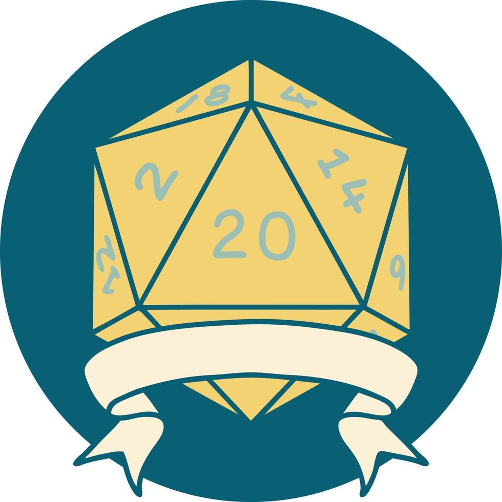 estilo de tatuaje retro natural 20 golpe crítico d20 tirada de dados vector