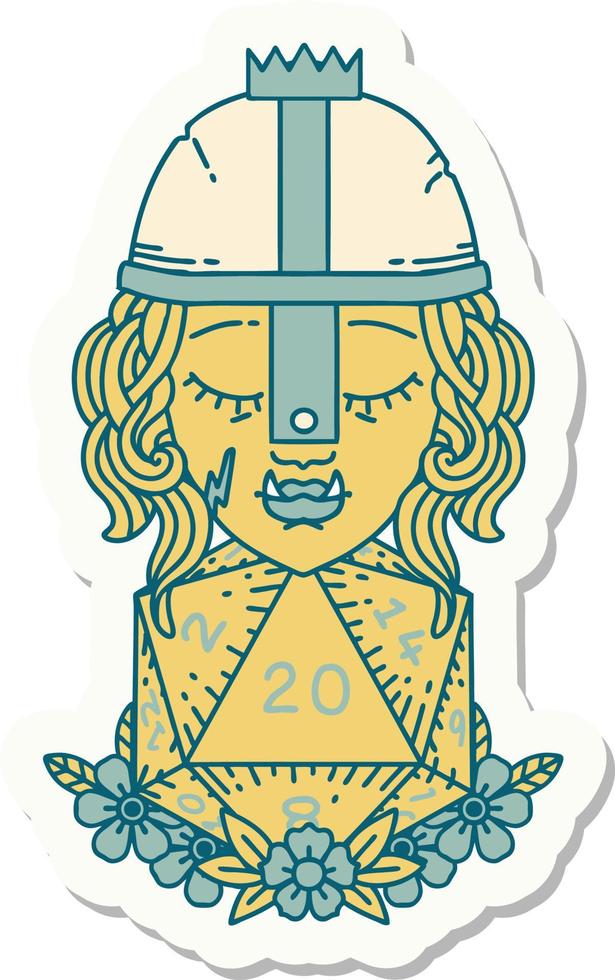 sticker of a orc fighter character with natural twenty dice roll vector