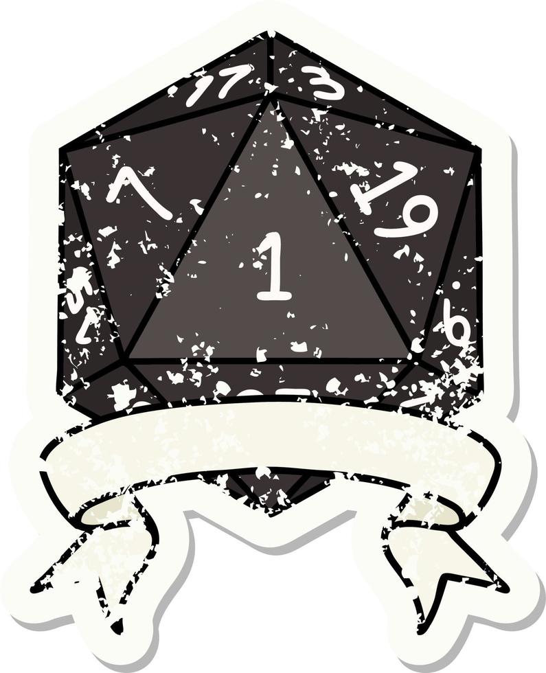 grunge sticker of a natural one d20 dice roll vector