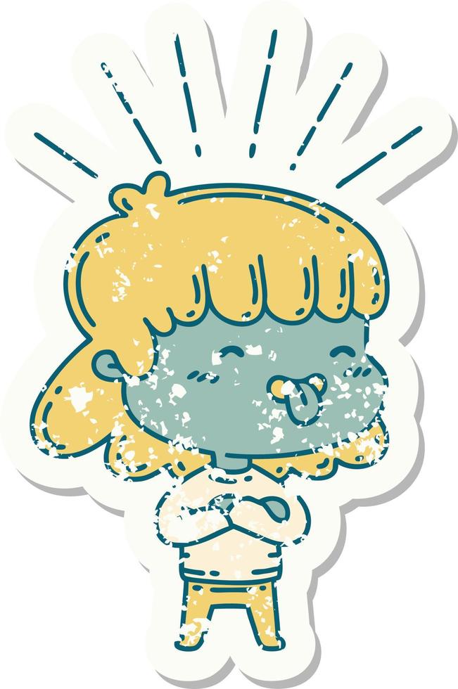 worn old sticker of a tattoo style girl sticking out tongue vector