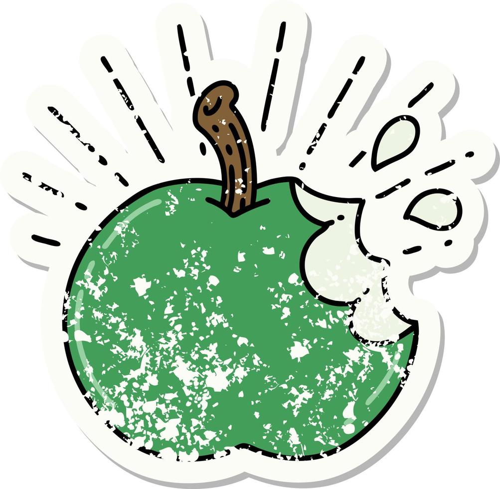 worn old sticker of a tattoo style bitten apple vector