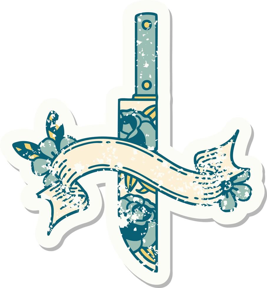 worn old sticker with banner of a dagger and flowers vector