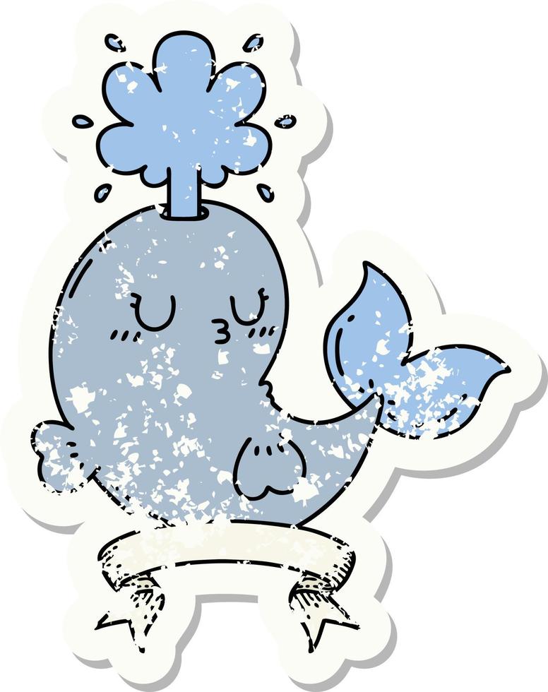 worn old sticker of a tattoo style happy squirting whale character vector