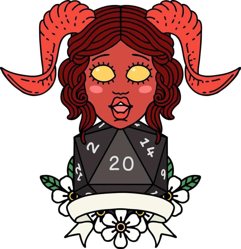 Retro Tattoo Style tiefling with natural twenty dice roll vector