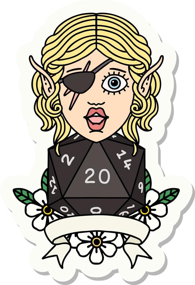 sticker of a elf rogue character with natural twenty dice roll vector