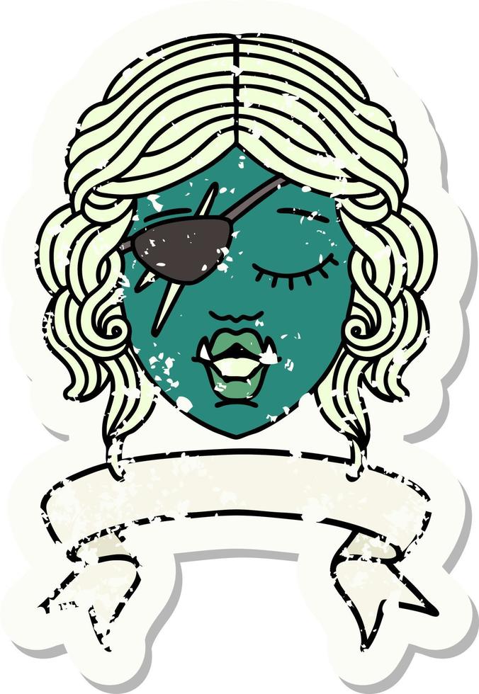 Retro Tattoo Style orc rogue character face with banner vector