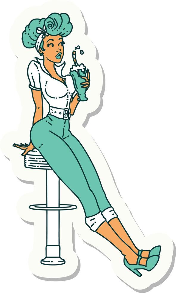 sticker of tattoo in traditional style of a pinup girl drinking a milkshake vector