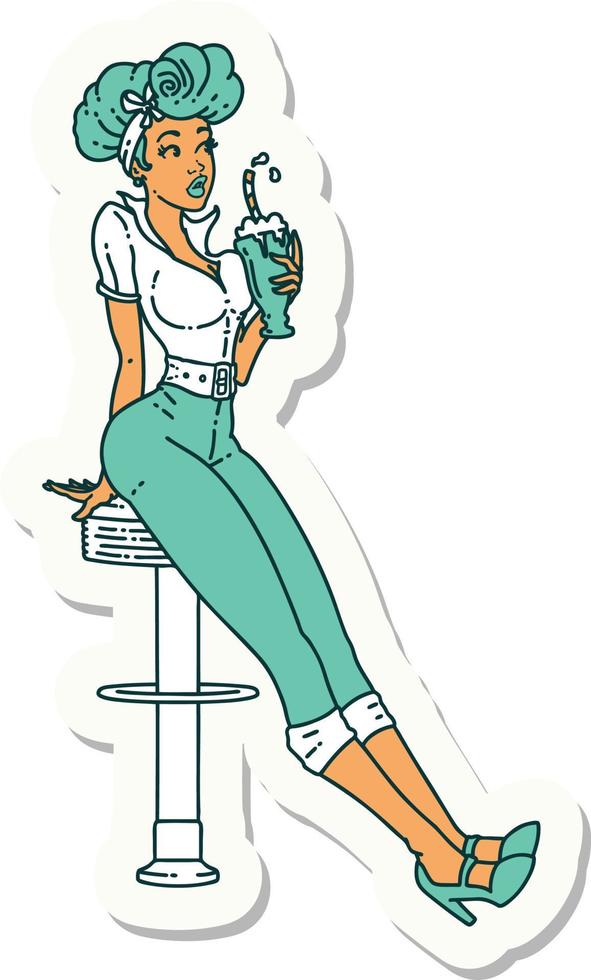 pegatina de tatuaje al estilo tradicional de una pinup bebiendo un batido vector