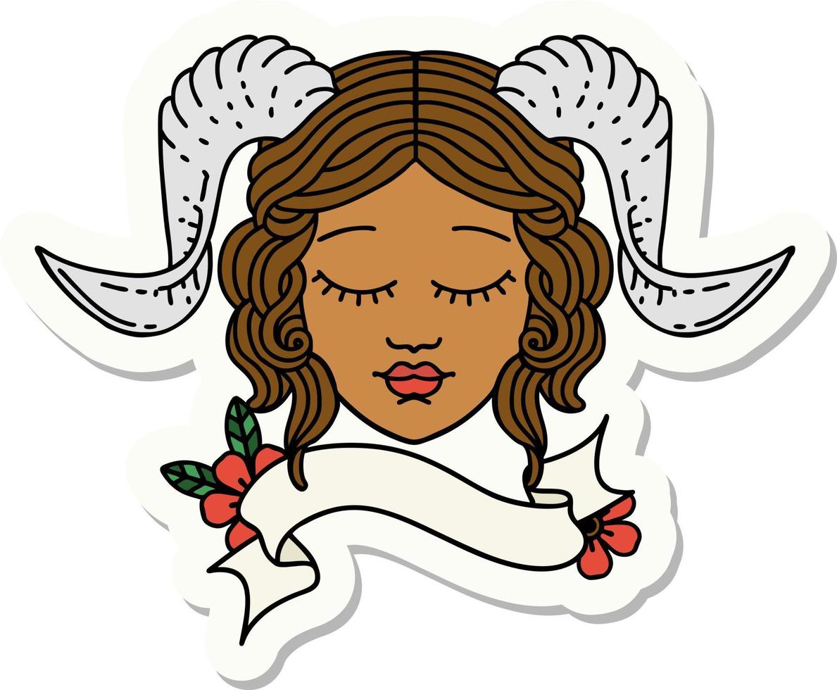 sticker of a tiefling character face with scroll banner vector