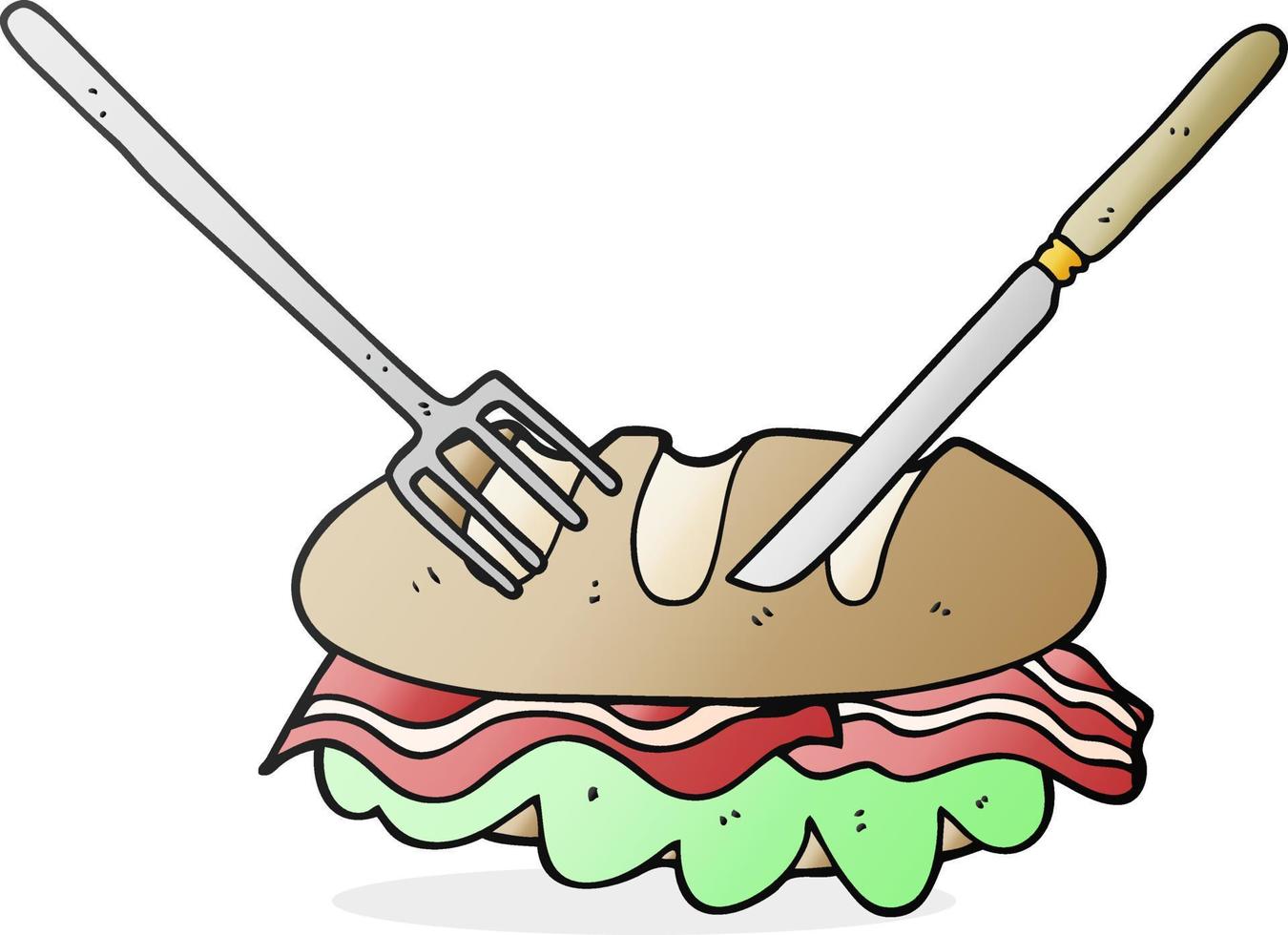 Cuchillo y tenedor de dibujos animados dibujados a mano alzada cortando un sándwich enorme vector