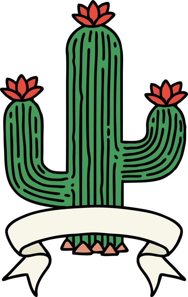 traditional tattoo with banner of a cactus vector