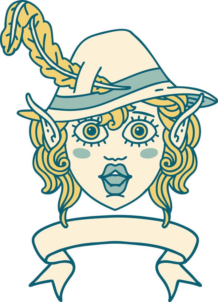 Retro Tattoo Style elf bard character face with banner vector