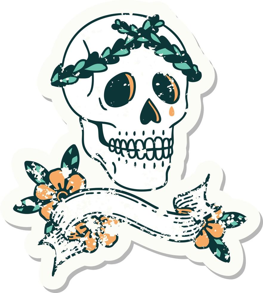 worn old sticker with banner of a skull with laurel wreath crown vector