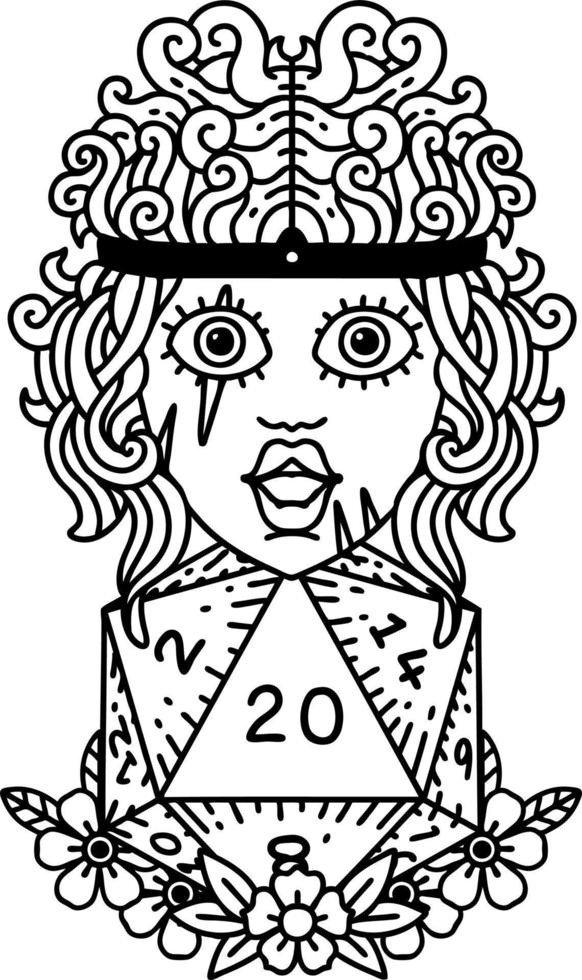 Black and White Tattoo linework Style human barbarian with natural twenty dice roll vector