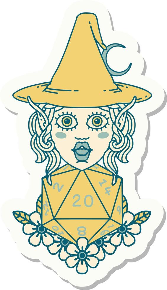 sticker of a elf mage character with natural twenty dice roll vector