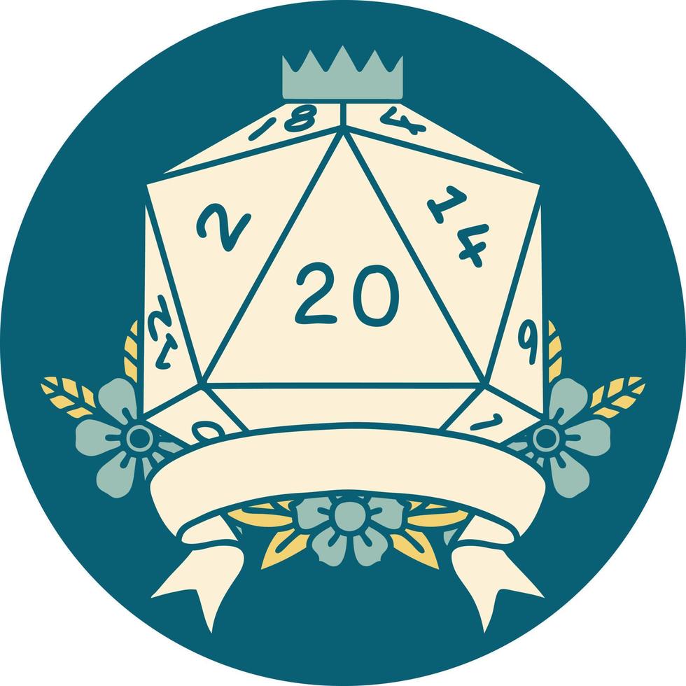 Retro Tattoo Style natural 20 critical hit D20 dice roll vector