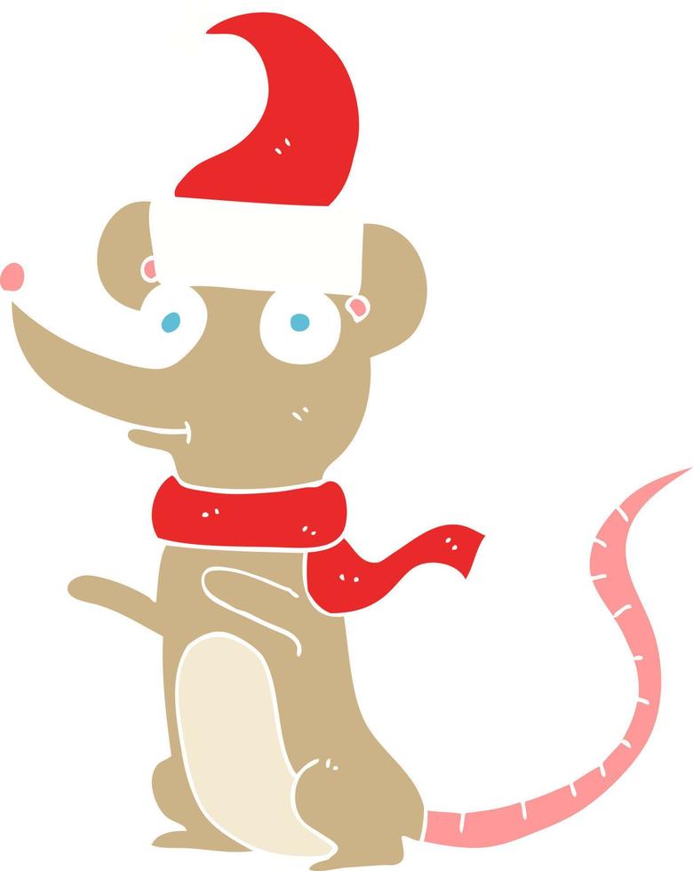 flat color illustration of mouse wearing christmas hat vector