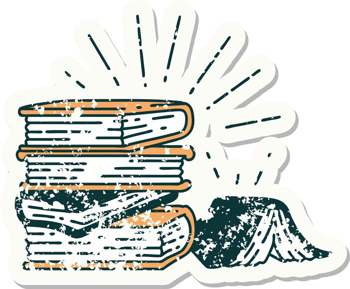 worn old sticker of a tattoo style stack of books vector