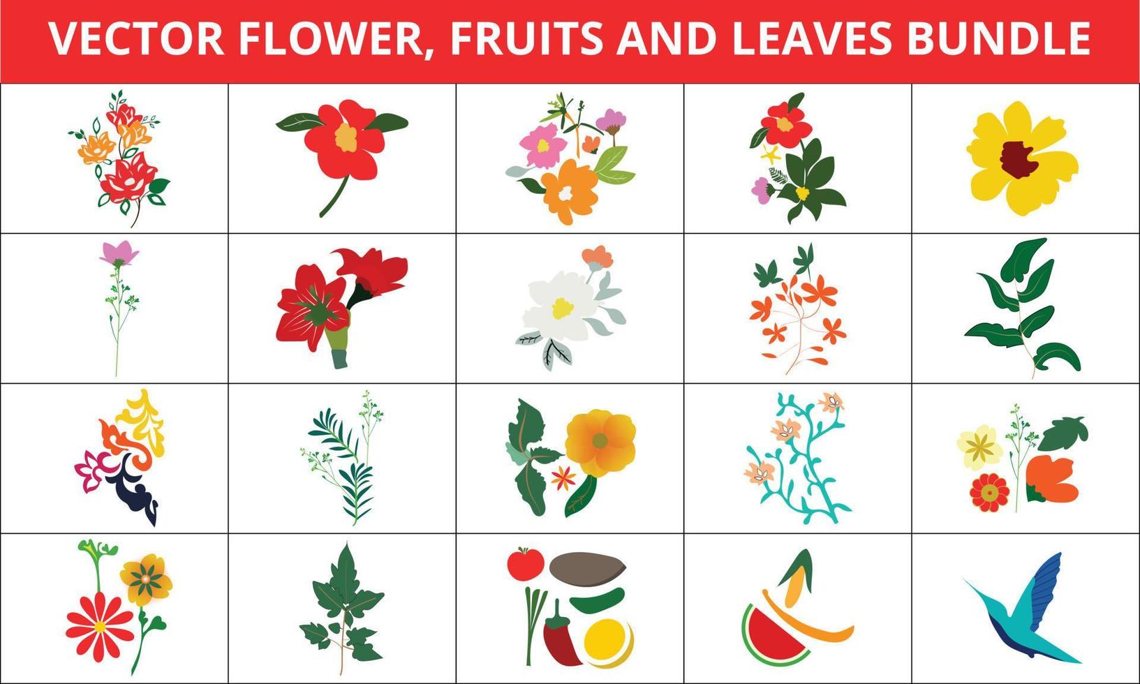 paquete de elementos de diseño de flores, frutas y hojas vectoriales vector