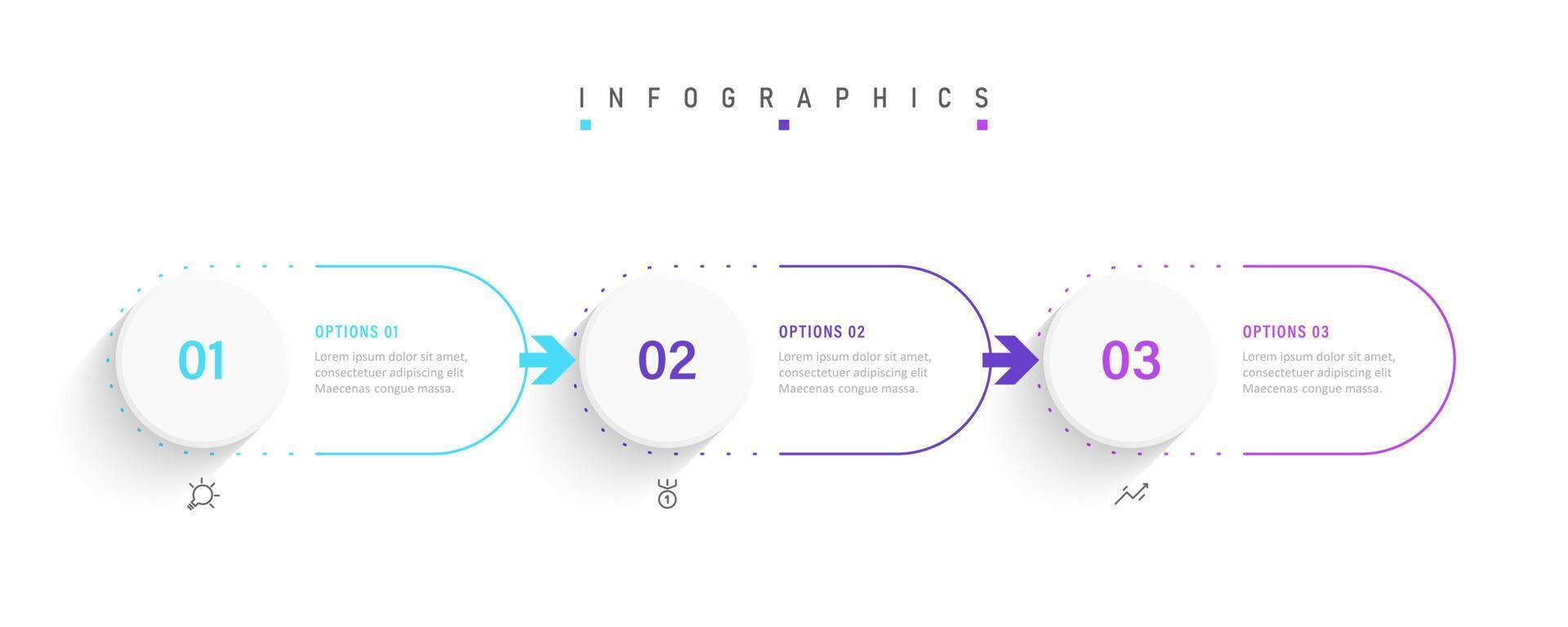 plantilla de diseño de etiquetas infográficas vectoriales con iconos y 3 opciones o pasos. se puede utilizar para diagramas de proceso, presentaciones, diseño de flujo de trabajo, banner, diagrama de flujo, gráfico de información. vector