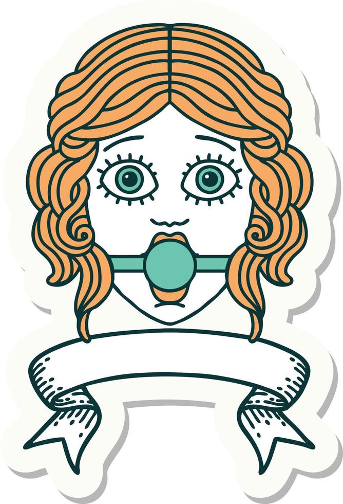 tattoo style sticker with banner of female face wearing a ball gag vector
