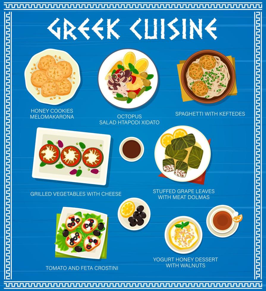 Greek cuisine vector menu food and meals of Greece