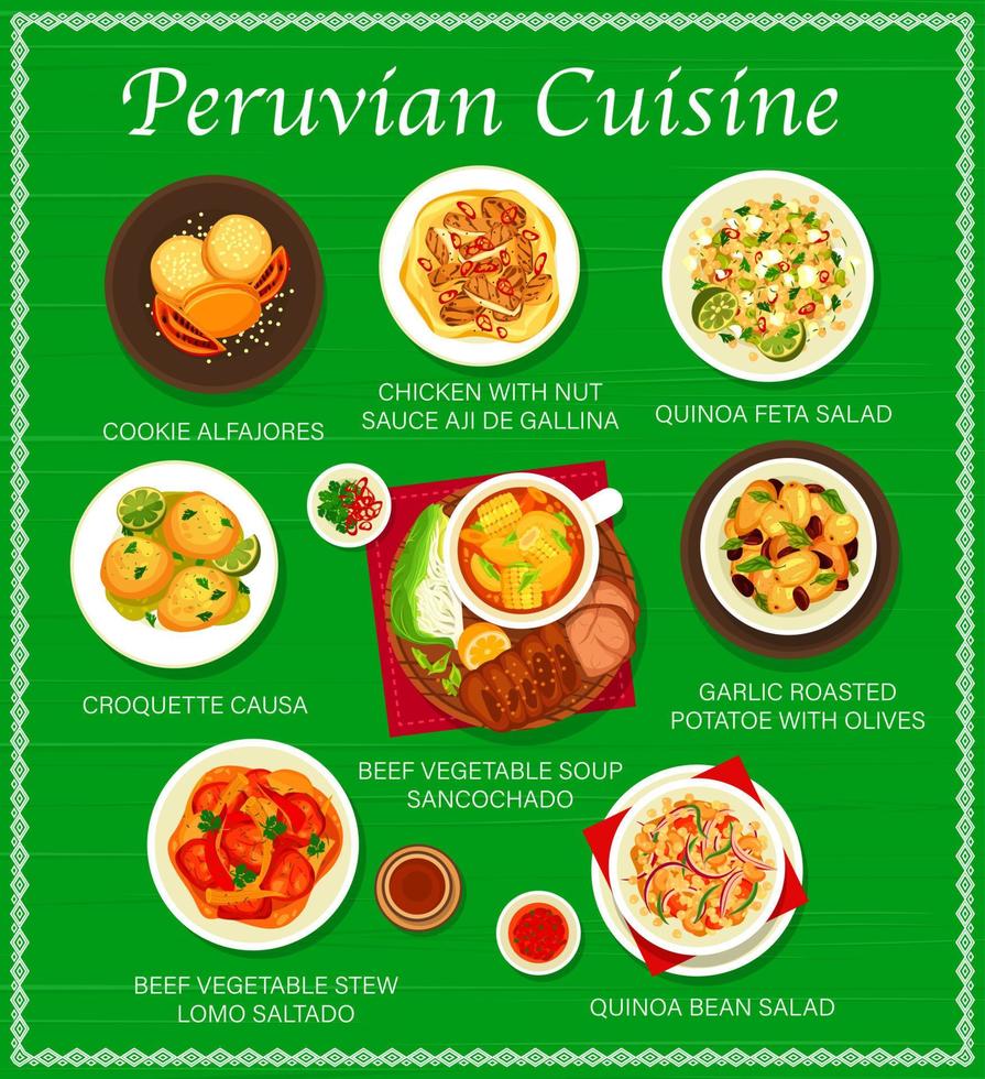 página de vector de menú de comida de restaurante de cocina peruana