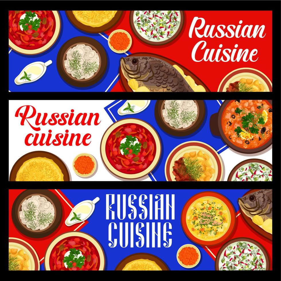 Russian cuisine meals banners, borscht and blini vector