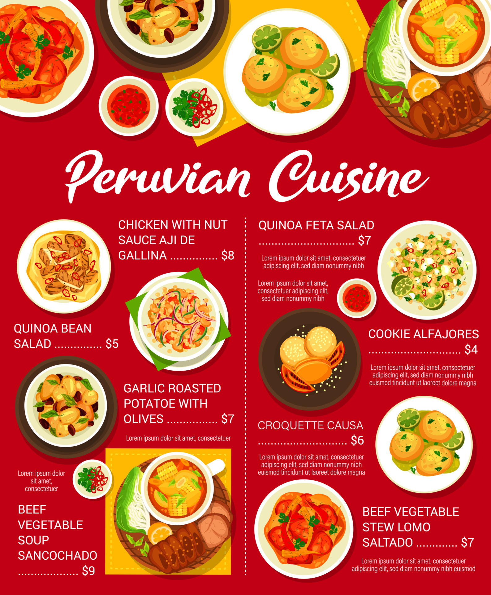 Peruvian cuisine restaurant food menu template 11862310 Vector Art at ...