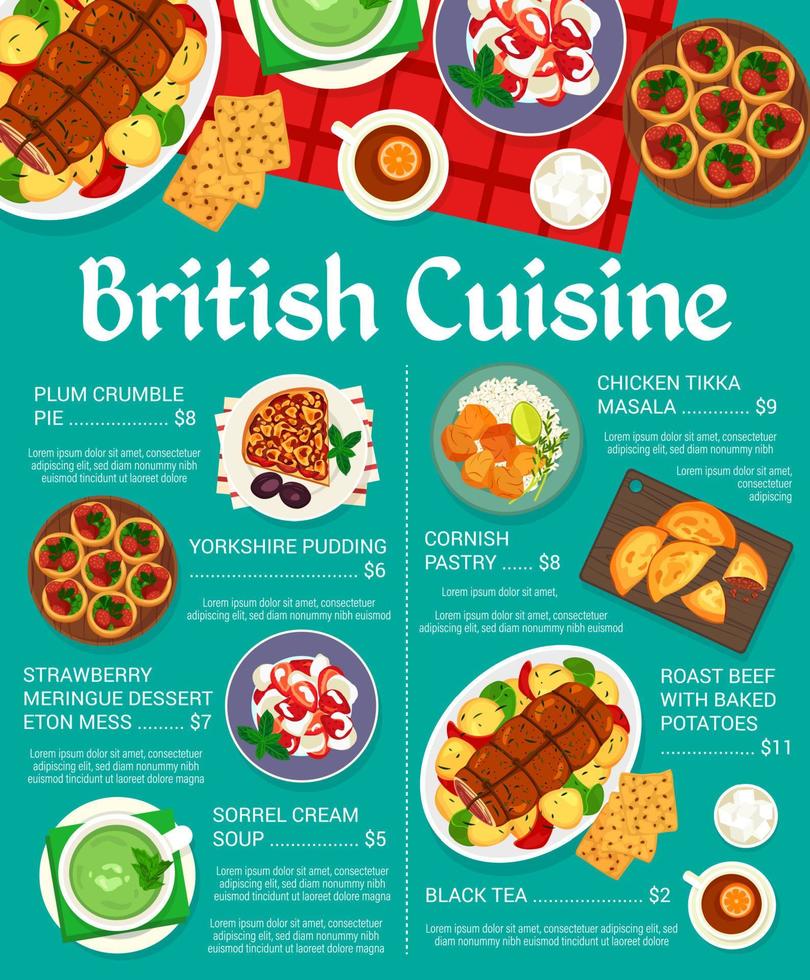 diseño de página de menú de comida de restaurante de cocina británica vector