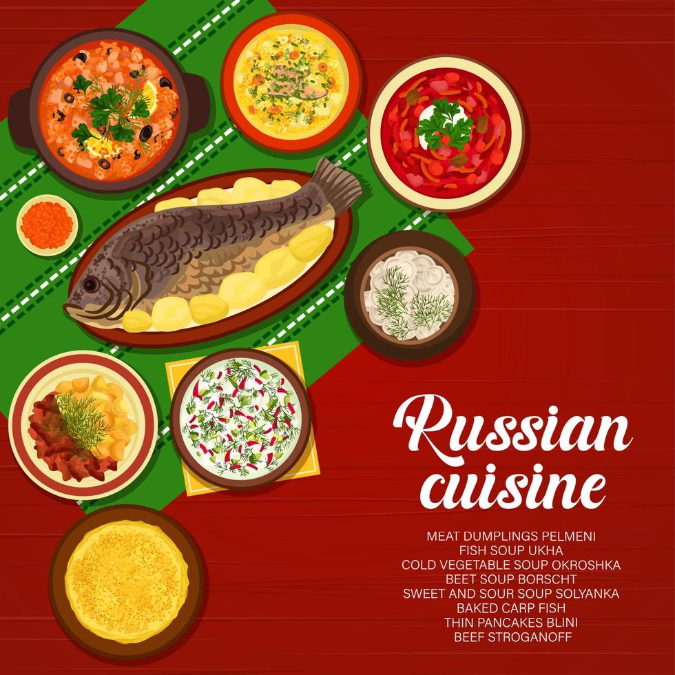 Portada del menú de la cocina rusa, carnes, pescados y sopas. vector
