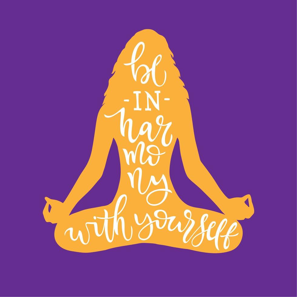 Orange silhouette girls in lotus position with calligraphy, isolated on purple background. Vector illustration with lettering for international yoga day. Typography template for shirt, banner, poster.