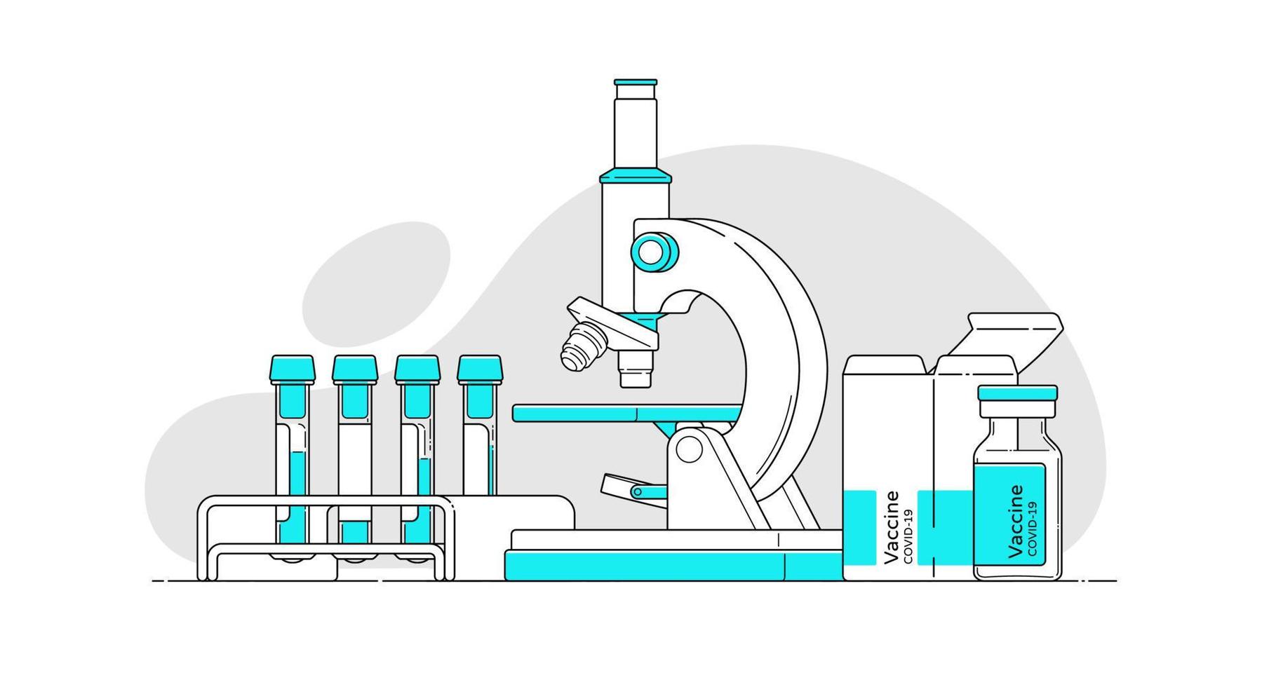 Set of objects in flat style with outline for medical design, infographics. Isolated template of microscope, test tubes with blood, covid vaccine with box. Vector illustration. Laboratory research