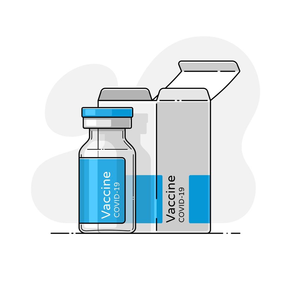 Closeup of covid medical vaccine. Coronavirus epidemic protection. Isolated vector illustration with ampoule and box in flat style with outline. Pandemic, flu, corona. Virus protection, health care