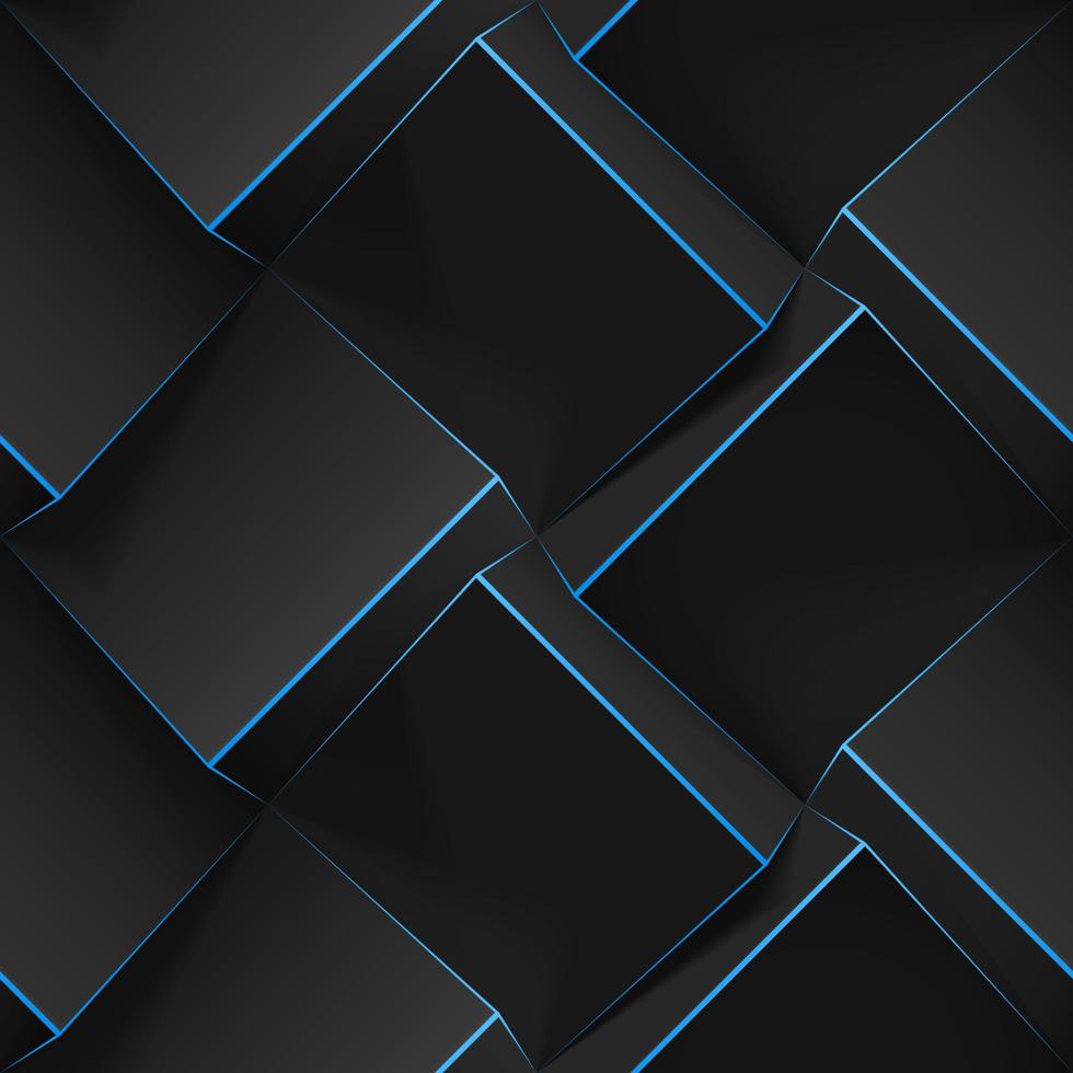 Volumetric abstract texture with black cubes with thin blue lines. Realistic geometric seamless pattern for backgrounds, wallpaper, textile, fabric and wrapping paper. Vector realistic illustration.
