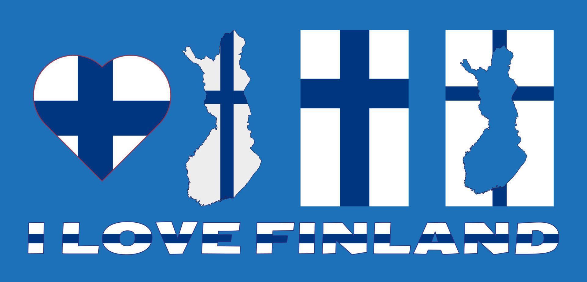 Set of vector illustrations with Finland flag, country outline map and heart. Travel concept.