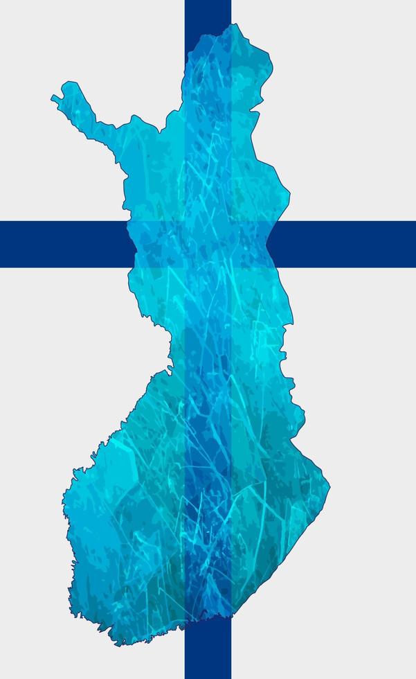 Outline map of Finland  with the image of the national flag. Ice inside the map. Vector illustration. Energy crisis.