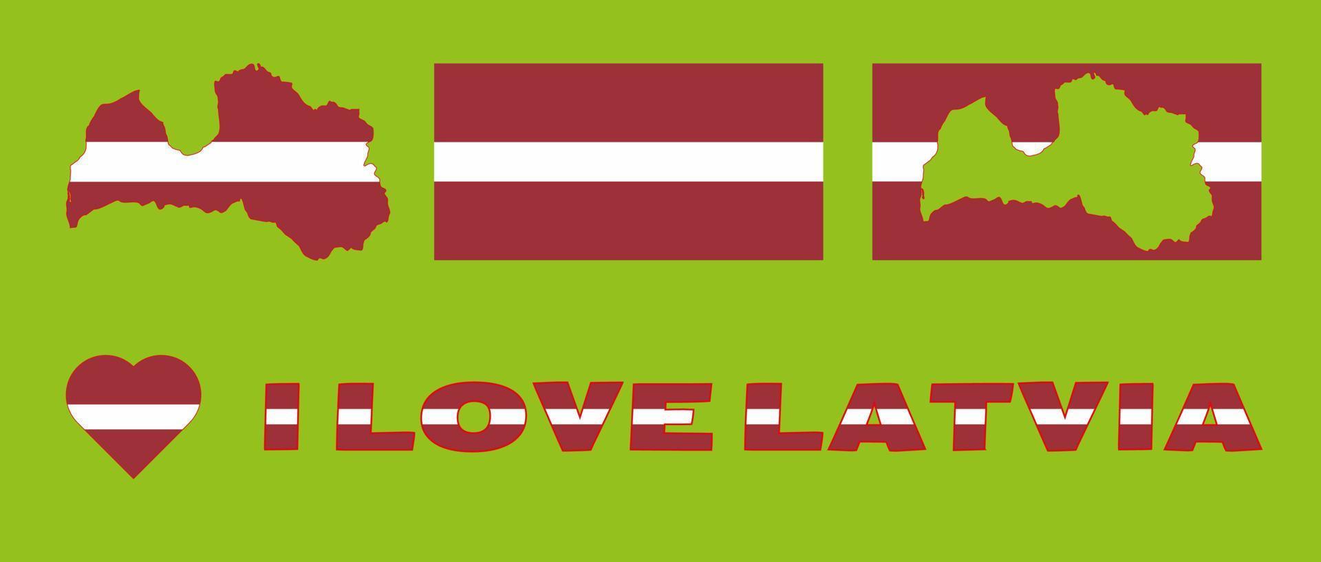 conjunto de ilustraciones vectoriales con bandera de letonia, mapa de contorno del país y corazón. concepto de viaje vector