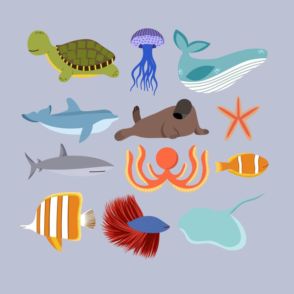 conjunto de ilustración de animales marinos vector