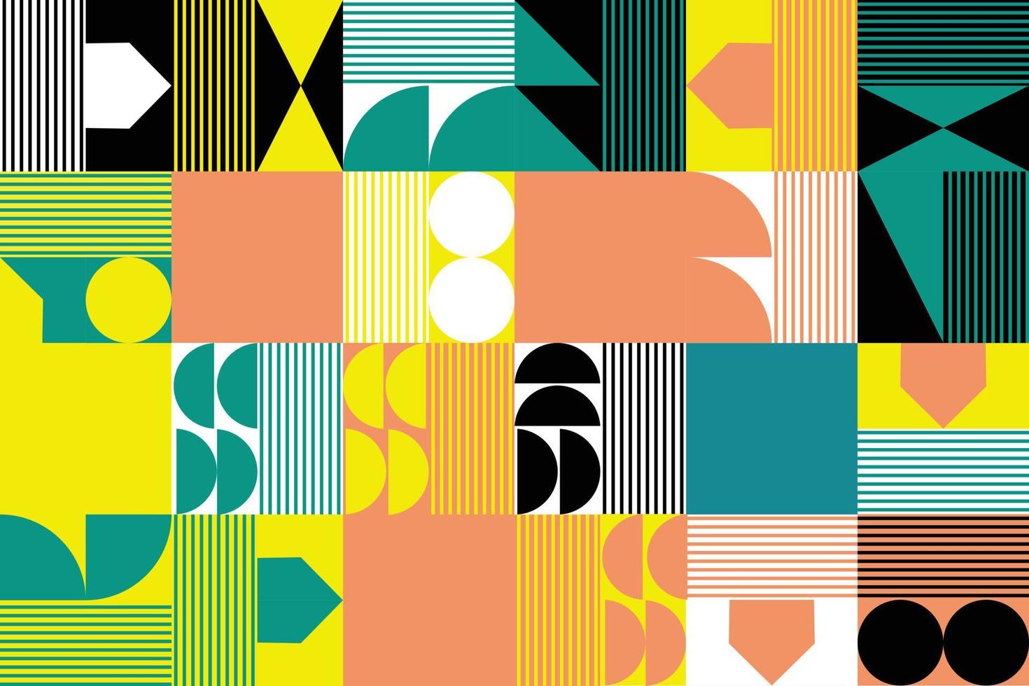 Background texture with geometric patterns involving squares, rectangles, triangles, circles, kites, rhombuses combined with bright colors. Colorful abstract background vector