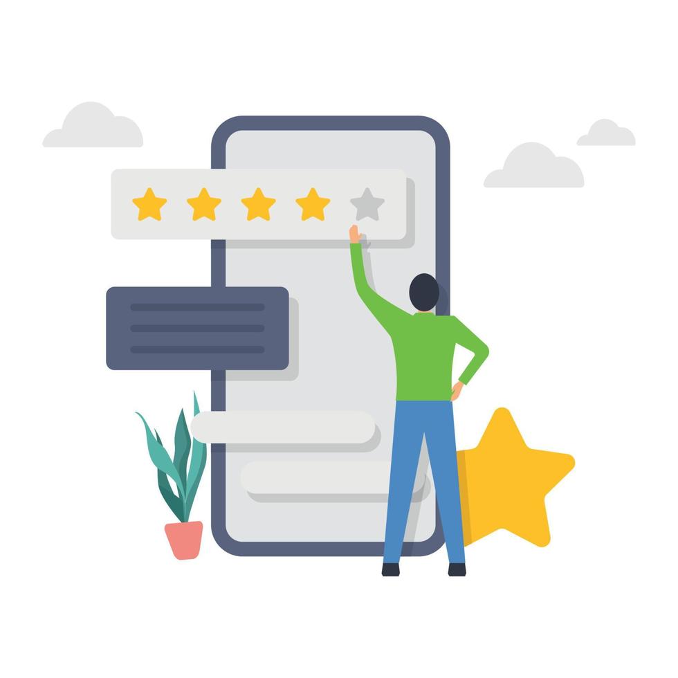 Characters giving five star feedback. Customer reviews stars with rate and text illustration. vector