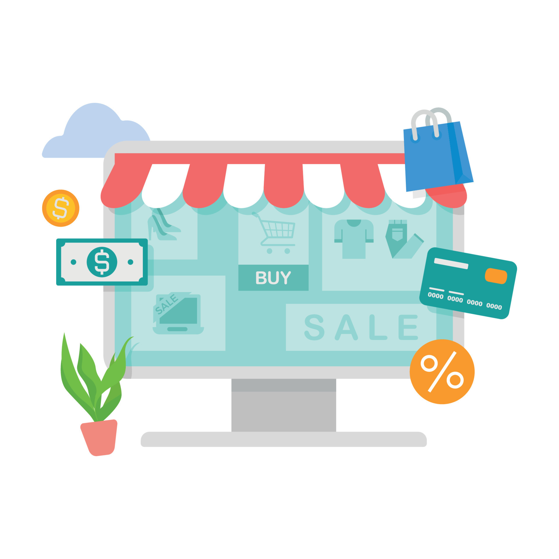 Online shopping design elements, Online digital marketing illustration ...
