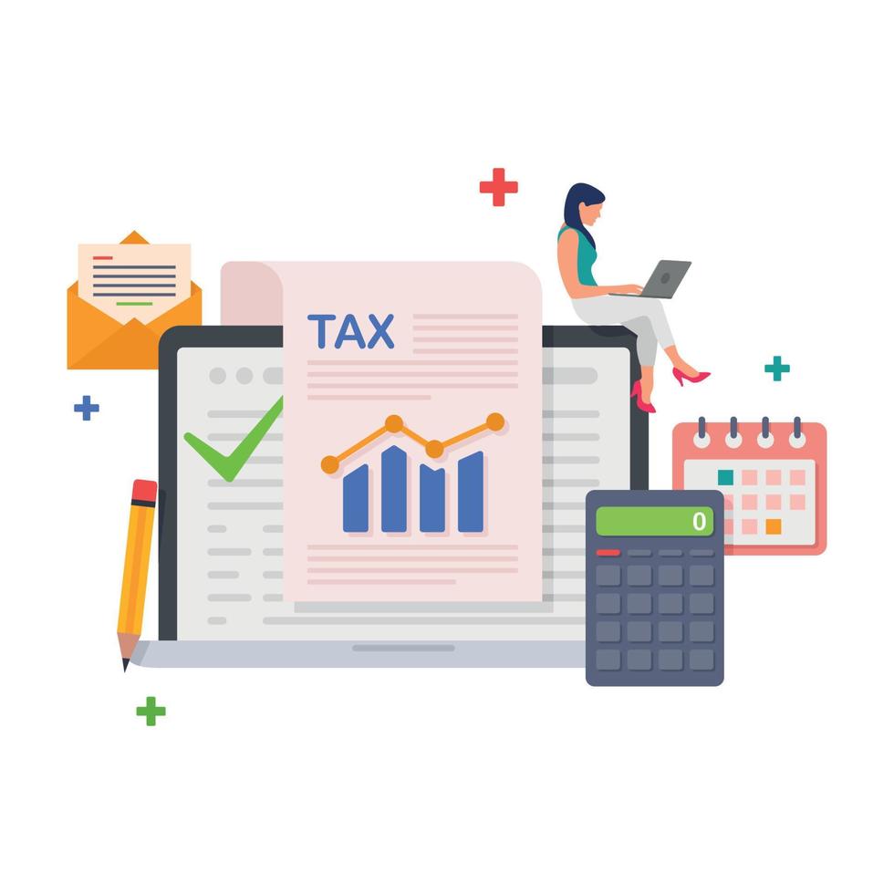 pago de formulario de impuestos de llenado en línea. calendario muestra la fecha de pago de impuestos. ilustración del concepto de contabilidad y gestión financiera. vector