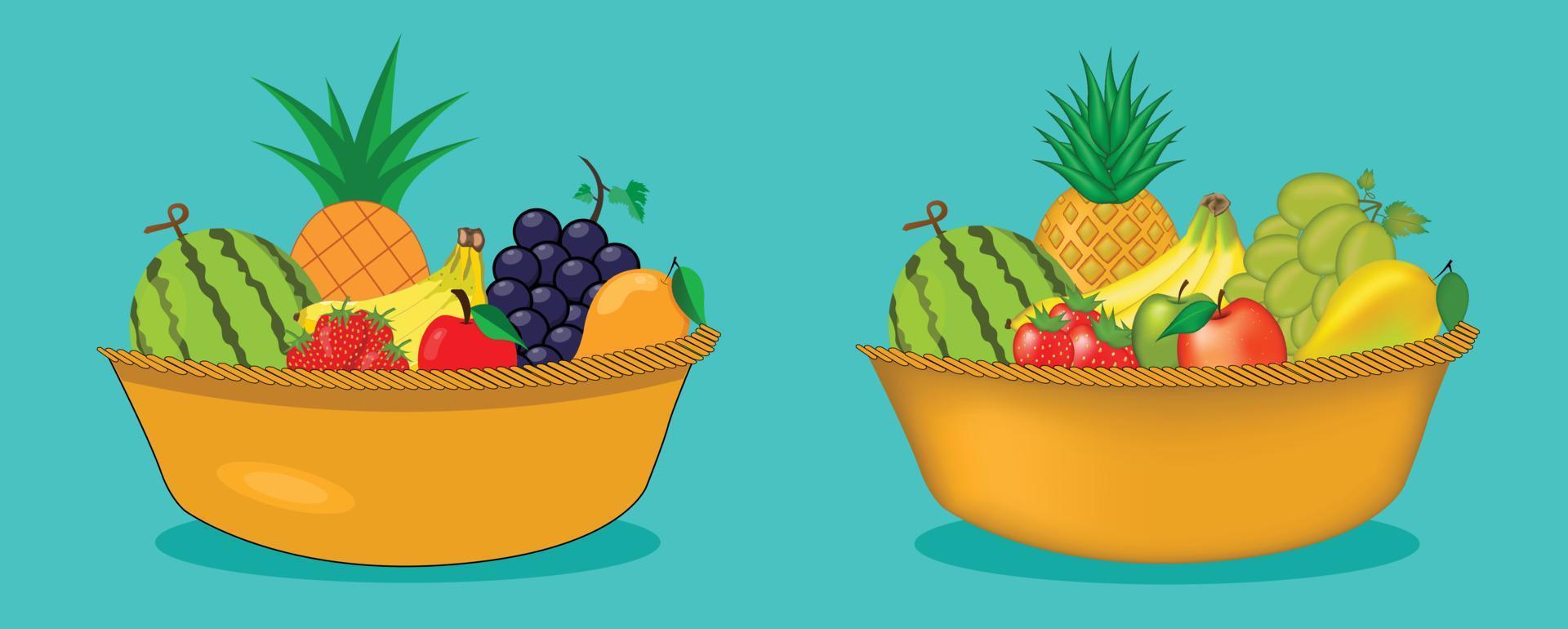 cesta con frutas aisladas en la ilustración de vector de fondo azul.