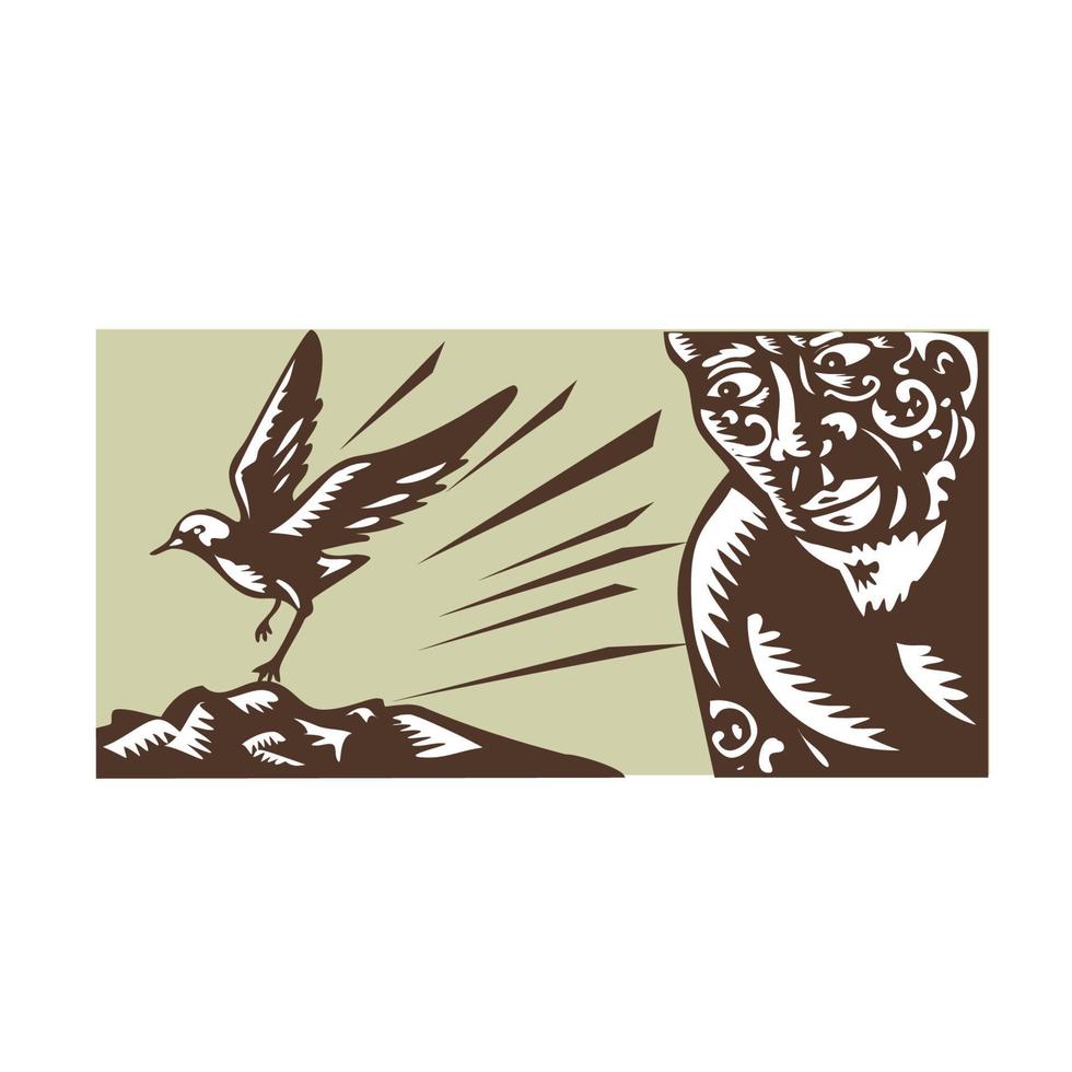 Tagaloa Looking at Plover Bird Woodcut vector