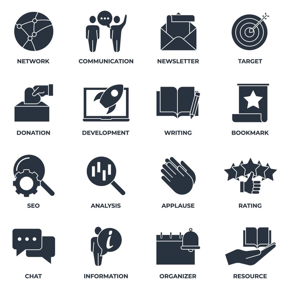 Set of Blogger, blogging icon logo vector illustration. newsletter, target, communication, resource, development, analysis and more pack symbol template for graphic and web design collection