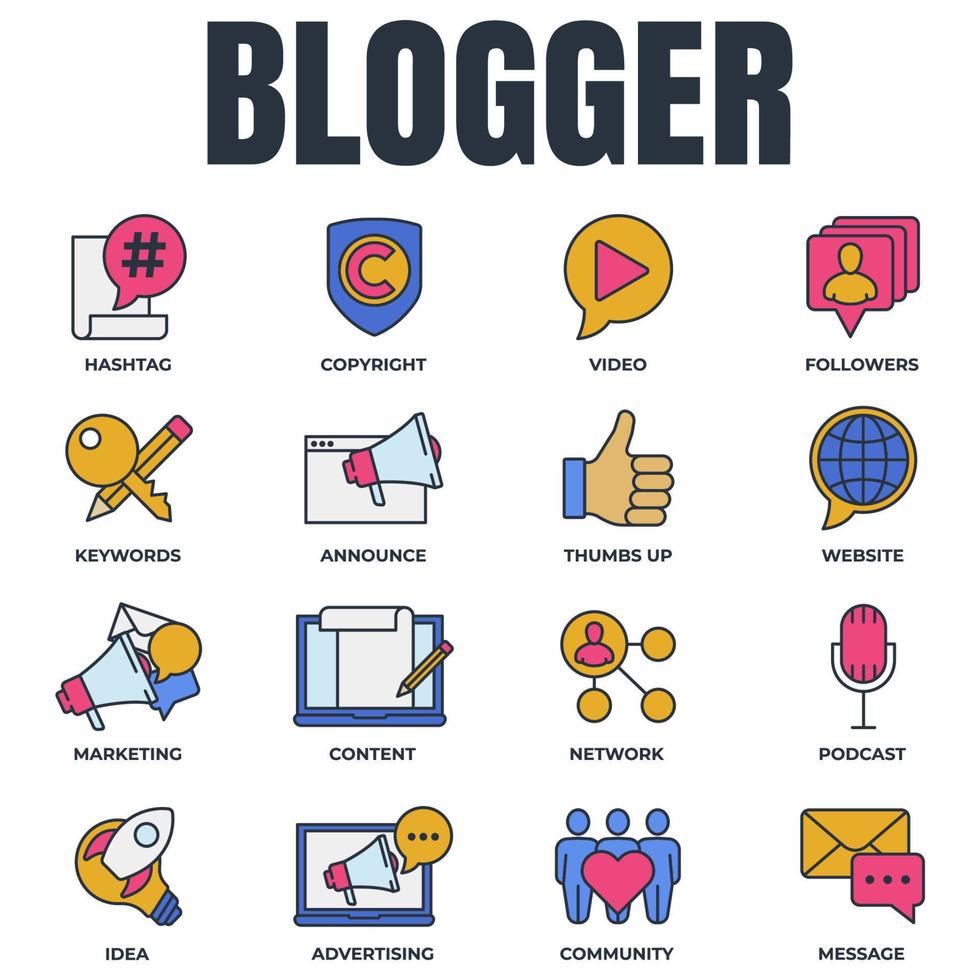 Set of Blogger, blogging icon logo vector illustration. followers, keywords, idea, copyright, announce, website and more pack symbol template for graphic and web design collection