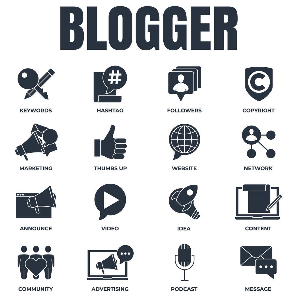 conjunto de blogger, icono de blogging logo vector ilustración. seguidores, palabras clave, idea, derechos de autor, anuncio, sitio web y más plantilla de símbolo de paquete para la colección de diseño gráfico y web